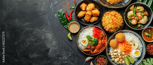 Top view of Indonesian nasi campur (mixed rice) with various dishes, using the rule of thirds, with ample copy space photo