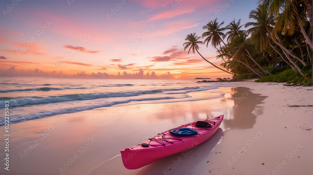 a serene tropical beach scene at sunset with a pink sky reflecting on the gentle waves and a vibrant pink kayak resting on the pristine white sand, surrounded by lush palm trees a serene tropical beach scene at sunset with a pink sky reflecting on the gentle waves and a vibrant pink kayak resting on the pristine white sand, surrounded by lush palm trees