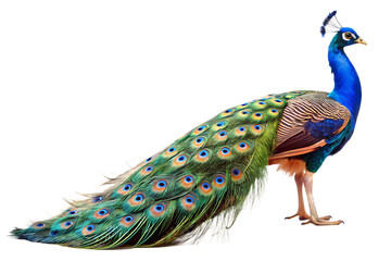 Close up photograph of a full body peacock isolated on a solid white background.PNG,AI GENERATED