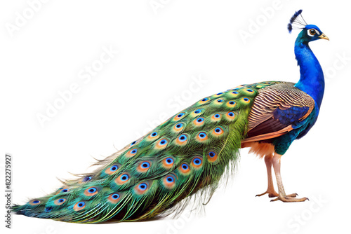 Close up photograph of a full body peacock isolated on a solid white background.PNG,AI GENERATED