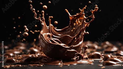 A crown made of chocolate is suspended in mid-air while chocolate liquid is splashing around it.
