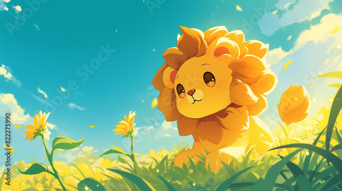 Leão em um campo com flores de girassol - Ilustração infantil fofa, delicada e alegre - arte colorida