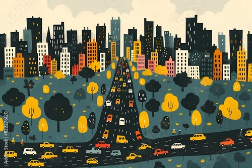 Illustration of landscape with city skyline and busy traffic, flat cartoon design