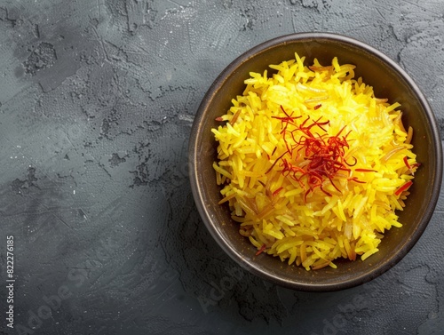 Top view of Iranian tahdig (crispy rice) with saffron, using the rule of thirds, with ample copy space