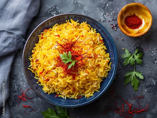 Top view of Iranian tahdig (crispy rice) with saffron, using the rule of thirds, with ample copy space
