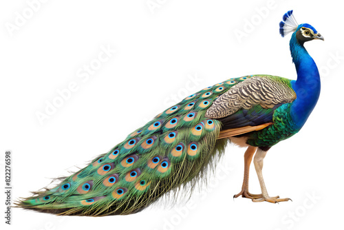 Close up photograph of a full body peacock isolated on a solid white background.PNG,AI GENERATED