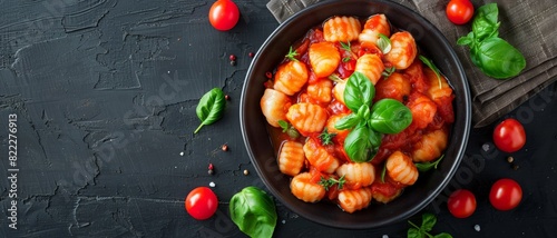 Top view of Italian gnocchi with tomato sauce, using the rule of thirds, with ample copy space, rustic and hearty, high-quality image