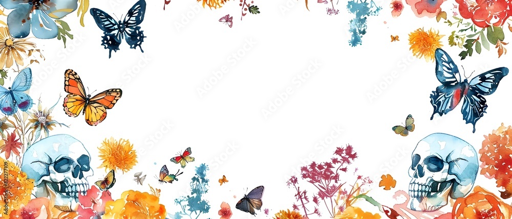 Vibrant Day of the Dead Decorative Border with Butterflies Skulls and Marigold Flowers for Creative Mockup or Background Design Vibrant Day of the Dead Decorative Border with Butterflies Skulls and Marigold Flowers for Creative Mockup or Background Design