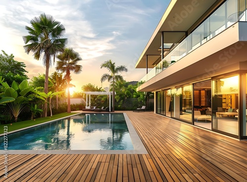 Ultrarealistic photo of a modern villa with a wooden deck and tropical garden, swimming pool,  © Mahwish