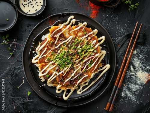 Top view of Japanese okonomiyaki with mayonnaise, using the rule of thirds, with ample copy space, savory and tangy, high-quality image