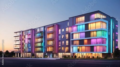 A modern apartment building with many windows that are lit up in different colors at night.