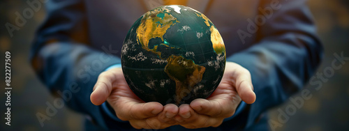 Close-up of a globe in a businessman’s hand, signifying the omnipresence and dominance of global trade in our lives. For globalized business concepts.