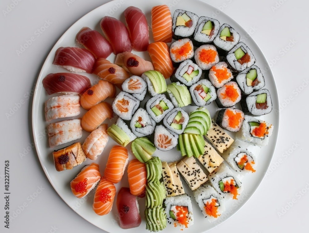 Top view of Japanese sushi platter with wasabi, using the rule of thirds, with ample copy space, fresh and vibrant, high-quality image Top view of Japanese sushi platter with wasabi, using the rule of thirds, with ample copy space, fresh and vibrant, high-quality image