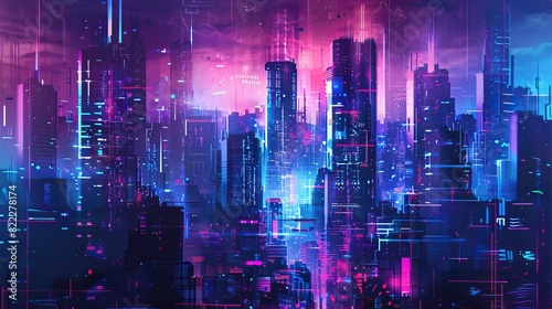 A futuristic cityscape with neon lights and holographic skyscrapers, in the style of cyberpunk © X-Poser