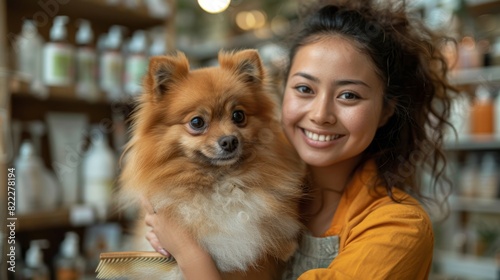 pet grooming salon, a skilled groomer tending to a fluffy pomeranian in a sleek salon with calming music and upscale pet care products on show