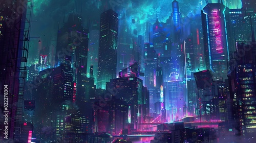 A futuristic cityscape at night  with neon lights and towering skyscrapers.