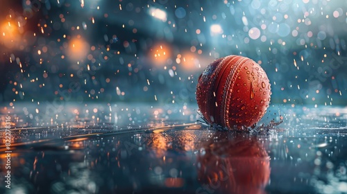 A highly detailed image of a cricket ball coated in water droplets bouncing on a wet cricket pitch, highlighted by the beams of floodlights, creating a dramatic and energetic atmosphere in the rain photo