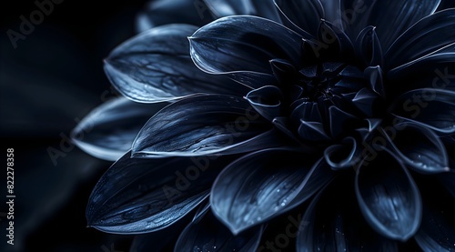 A blue dahlia flower with its petals, macro photography with a black background, closeup, a dark color scheme, copy space, banner style, dark