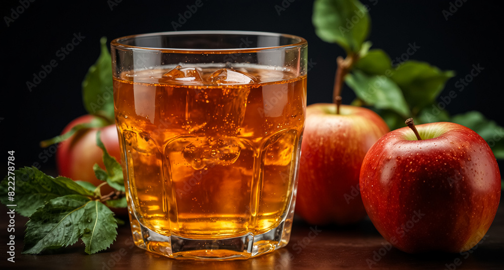 Freshly picked apples from the branch and a glass of freshly squeezed apple juice. Freshly picked apples from the branch and a glass of freshly squeezed apple juice.