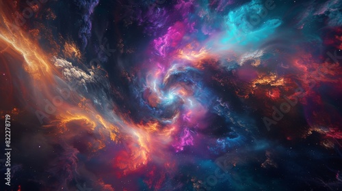 Spectacular cosmic scene of a swirling nebula in vibrant colors of blue, pink, and orange, perfect for space-themed visual explorations.