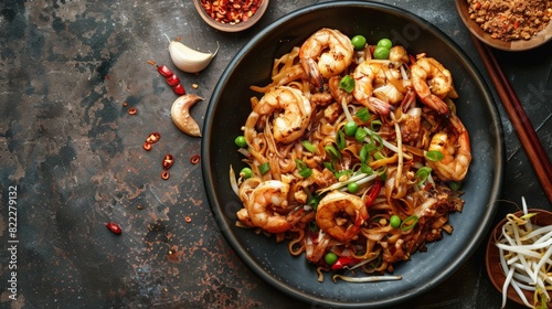 Top view of Malaysian char kway teow with prawns, using the rule of thirds, with ample copy space