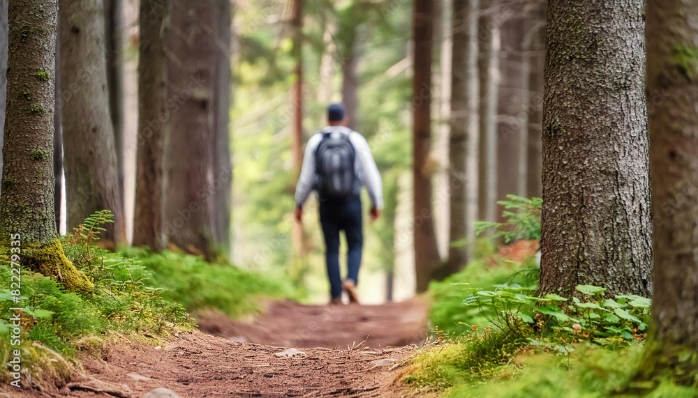 Blurred landscape with a man walking alone through the forest, generative AI Blurred landscape with a man walking alone through the forest, generative AI