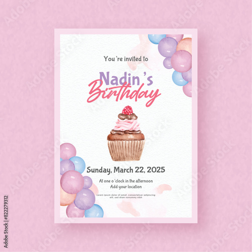 birthday invitation with watercolor painting of cupcake and corner of balloon