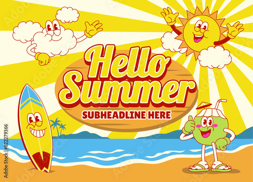 Summer Beach Background Design with Retro Character Illustration
