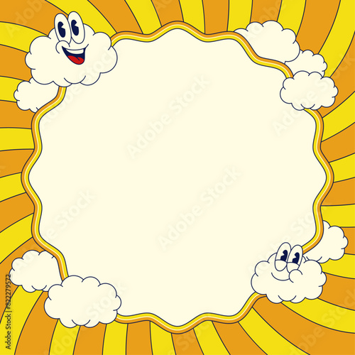 Summer Frame Background with Cloud Cartoon Character in Retro Style