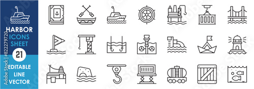 A set of line icons related to harbor. Ship, container, goods, supply, bridge, fish, and so on. Vector outline icons sets related to supply and delivery.