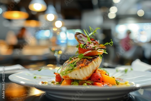 Wallpaper Mural Gourmet Plated Dish Featuring Grilled Fish and Fresh Vegetables in a Restaurant Setting Torontodigital.ca
