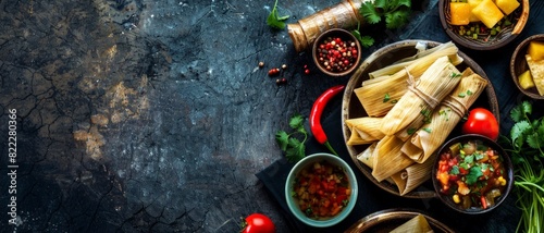 Top view of Mexican tamales with various fillings, using the rule of thirds, with ample copy space
