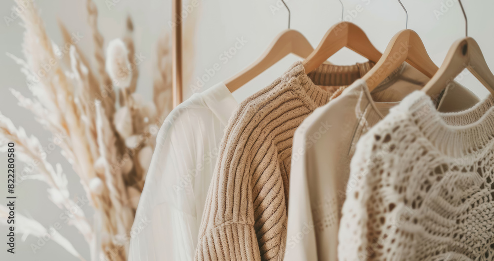display of neutral summer clothes on hangers, soft tones for a minimalist wardrobe display of neutral summer clothes on hangers, soft tones for a minimalist wardrobe
