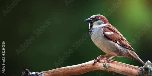 Sparrow Sitting On A Dried Branch With Green Bokeh Background