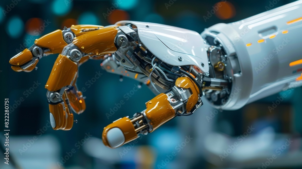 Detailed view of a robotic hand performing precision tasks, powered by sophisticated automation algorithms 