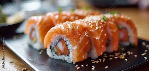A salmon sushi roll isolated on a black plate, with its nori wrapping and tender fish filling garnished with sesame seeds. photo