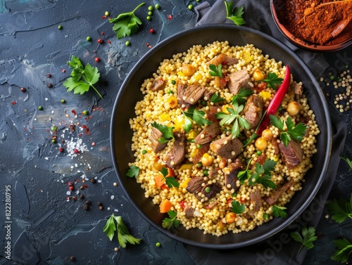 Top view of Moroccan couscous with lamb, using the rule of thirds, with ample copy space