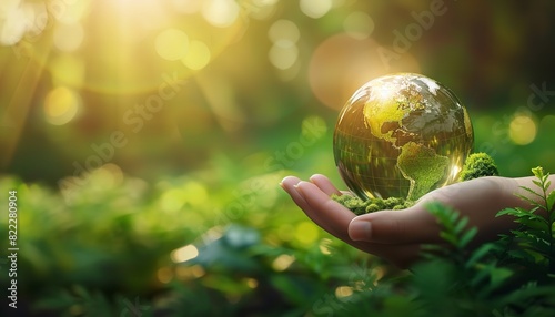 Hands holding a globe glass on a fuzzy, bright green background is a concept for World Environment Day on June 5th, Generative AI.