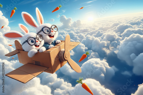 Two bunnies pilot a cardboard plane amidst a clear blue sky with light clouds. Carrots float among clouds. View from below captures spinning propeller,