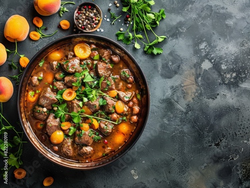 Wallpaper Mural Top view of Moroccan lamb tagine with apricots, using the rule of thirds, with ample copy space, rich and aromatic, high-quality image Torontodigital.ca