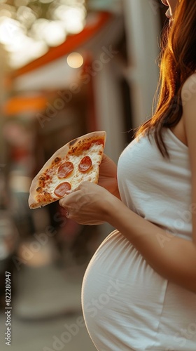 A side profile of a pregnant woman in a white dress, holding a slice of pizza peppered with salami, exemplifying pregnancy cravings.