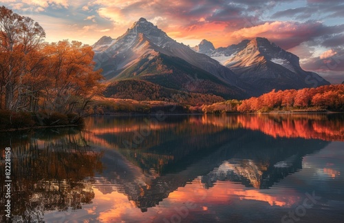 mountains and reflection in the water at sunset, autumn lake landscape photography, background for travel concept