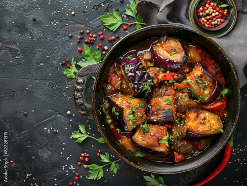 Top view of Moroccan zaalouk with eggplant, using the rule of thirds, with ample copy space, rich and smoky, high-quality image