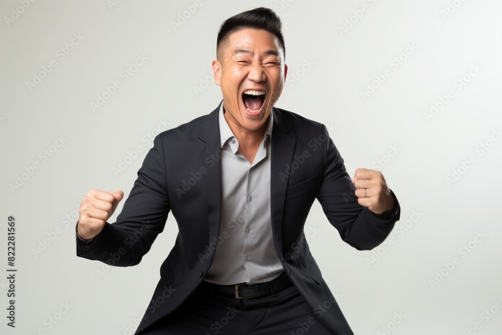 Portrait of a grinning asian man in his 40s dancing and singing song in microphone isolated in light wood minimalistic setup Portrait of a grinning asian man in his 40s dancing and singing song in microphone isolated in light wood minimalistic setup