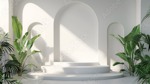 Empty white room with tropical plants. .Product place Background rendering with podium and wall scene abstract background Round podium for product presentation 