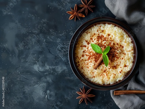 Top view of Portuguese arroz doce with cinnamon, using the rule of thirds, with ample copy space, sweet and creamy, high-quality image