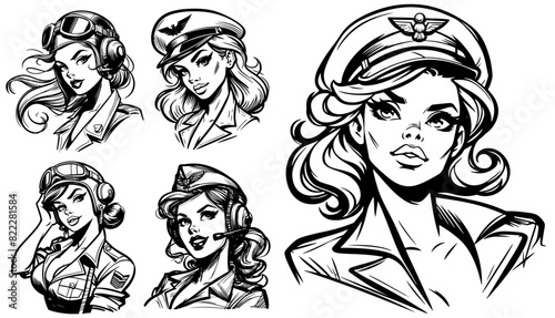 beauty pin-up girl pilot captain of military plane in army illustration, adorable beautiful pinup woman model, comic book cartoon character, black shape silhouette vector decoration, print