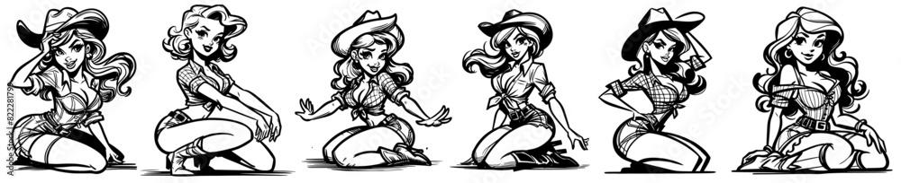 country beauty cowgirl pin-up girl illustration, adorable beautiful pinup woman model wild west, comic book cartoon character, black shape silhouette vector decoration, printing, laser cut engraving