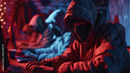 A group of hackers in dark room with red and blue lights working on their computers.