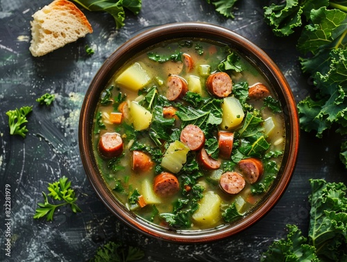 Top view of Portuguese caldo verde with kale and sausage, using the rule of thirds, with ample copy space photo